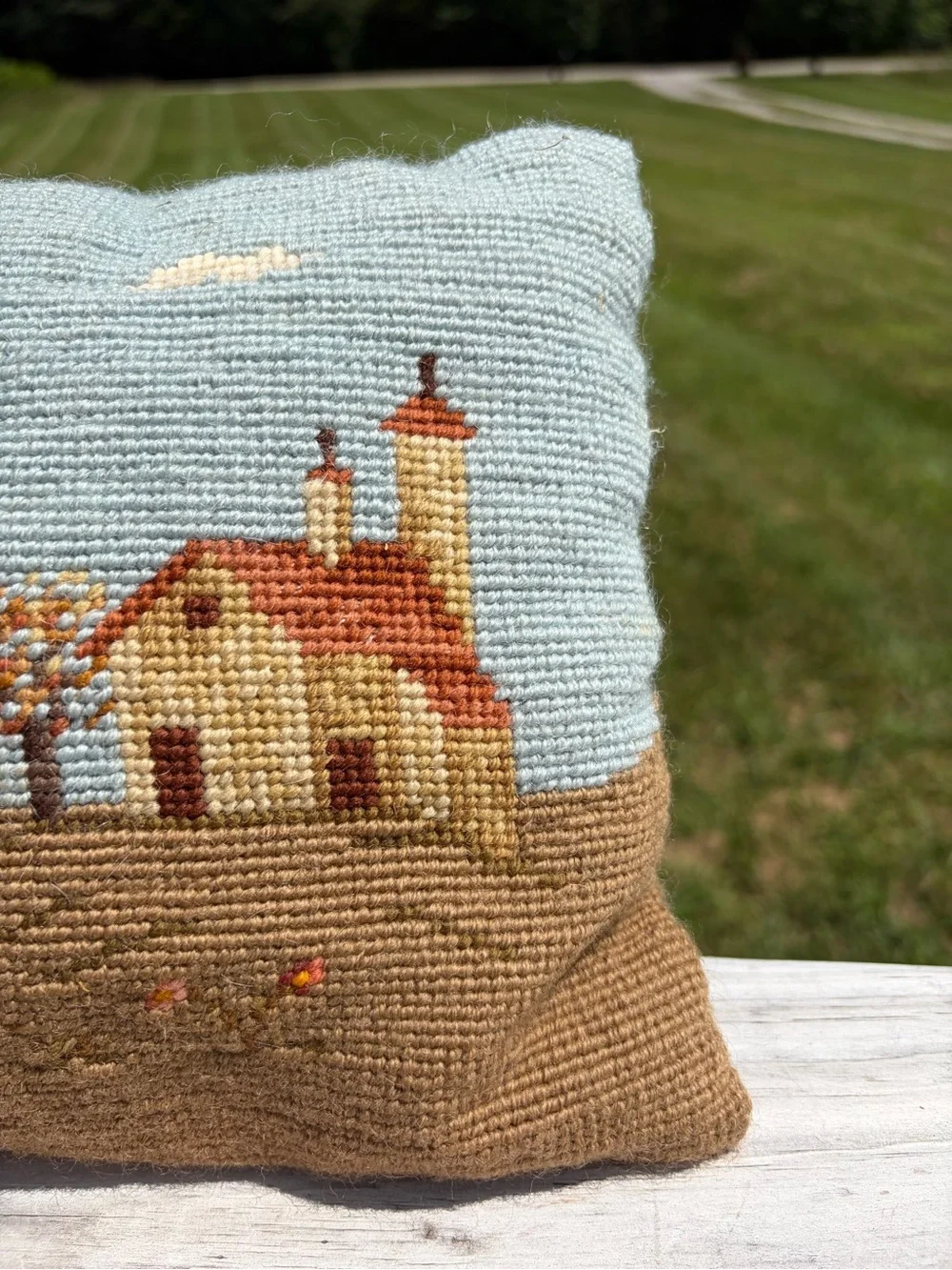 Vintage Needlepoint Pillow House Landscape Decorative Small Velvet Cottagecore